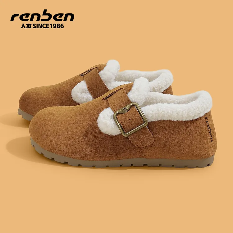 人本2025德训鞋女鞋女款保暖加绒冬季休闲鞋毛茸茸韩版毛毛鞋居家