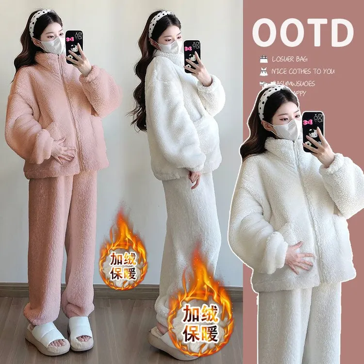 新款孕妇睡衣套装秋冬季加厚珊瑚绒保暖撞色波点法兰绒连帽家居服