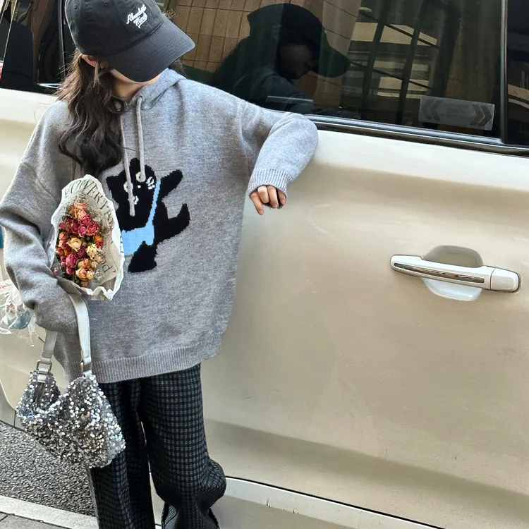 女童毛衣秋冬款2025新款洋气儿童连帽针织衫秋季女孩大童加厚上衣