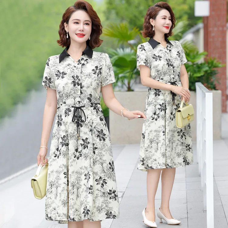 中年妈妈装连衣裙女中长款短袖中老年女夏装洋气遮肚显瘦衬衣裙子