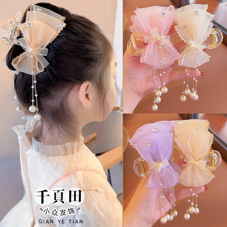 公主风超仙女童发饰儿童抓夹发卡流苏女孩头饰网纱蝴蝶结鲨鱼夹