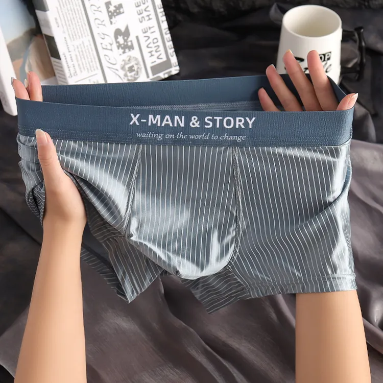 宽松运动平角裤透气常规条纹中腰平角内裤夏季清凉冰丝男士四角裤