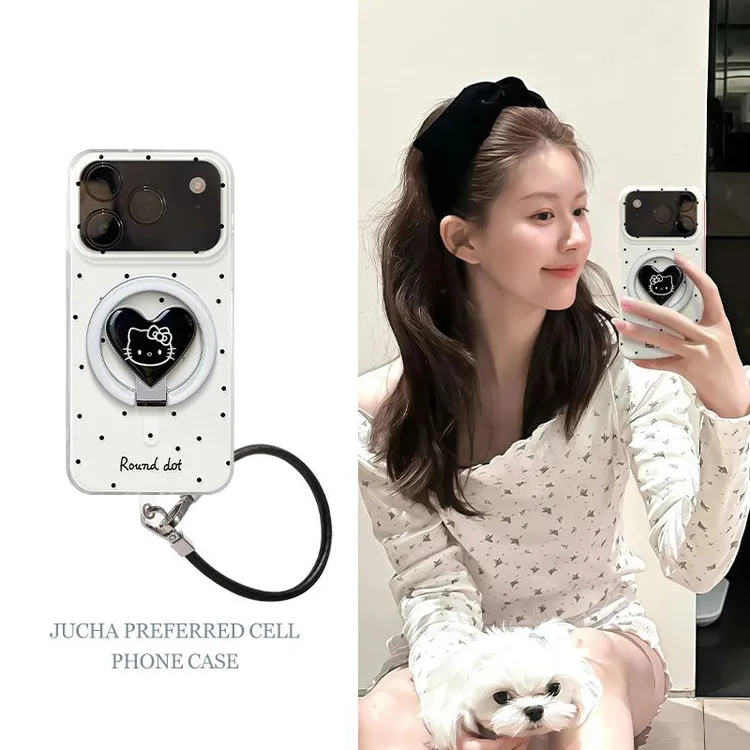 英文波点凯蒂适用苹果17pro手机壳带磁吸卡通iphone16plus超火15