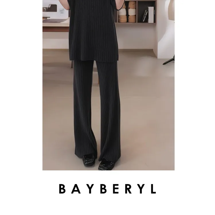 CC12-BAYBERYL老贝静享套*针织裤坑条松紧腰微喇休闲裤XXK5I2611