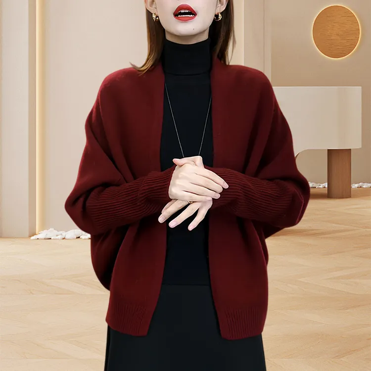 秋冬新款V领毛衣开衫小个子蝙蝠袖宽松大码外套披肩洋气毛衣女装