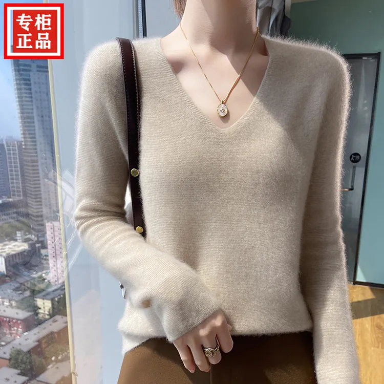 100%羊绒衫女V领百搭毛衣秋冬新款纯色内搭长袖宽松针织打底衫薄