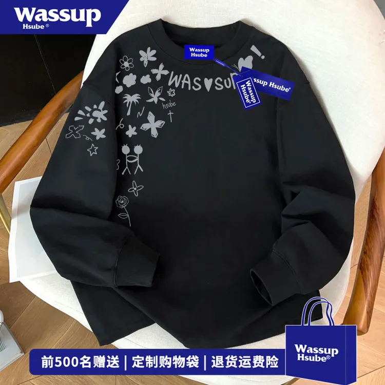 WASSUP HSUBE 秋季休闲百搭黑色长袖美式字母印花纯棉打底上衣男