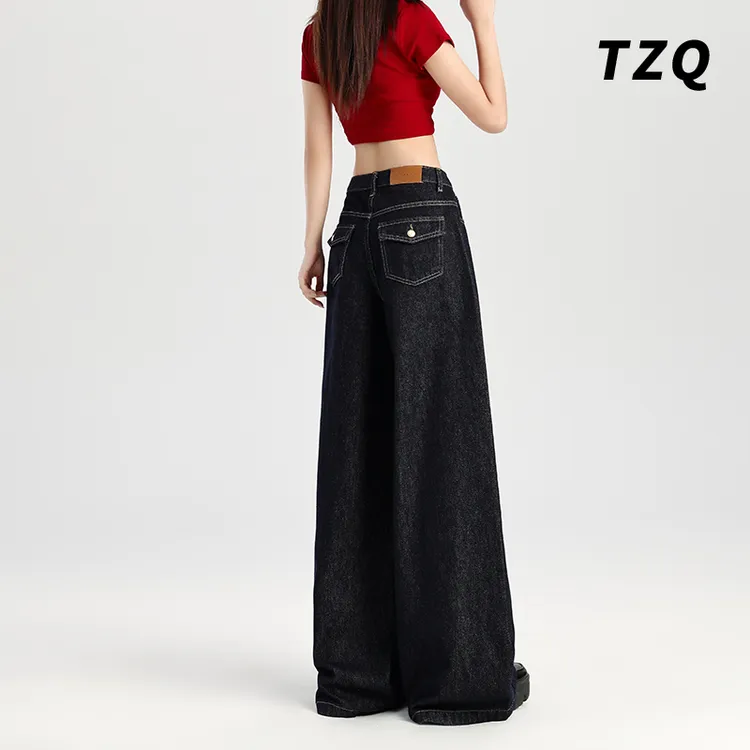 复古阔腿牛仔裤女春秋2025新款高腰垂感慵懒拖地直筒裤TZQ2511631