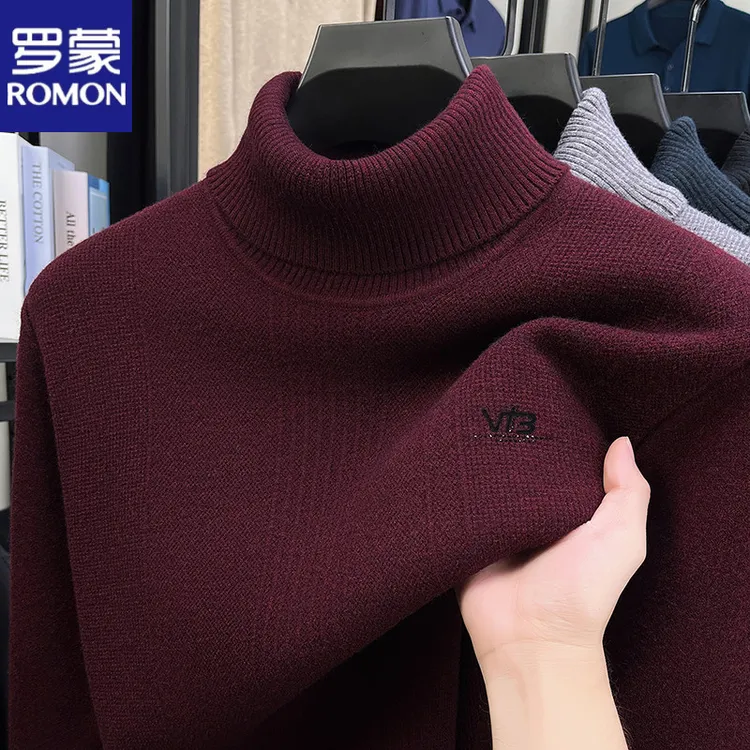 罗蒙一体绒高领毛衣男士冬季2025新款宽松加绒加厚保暖针织打底衫