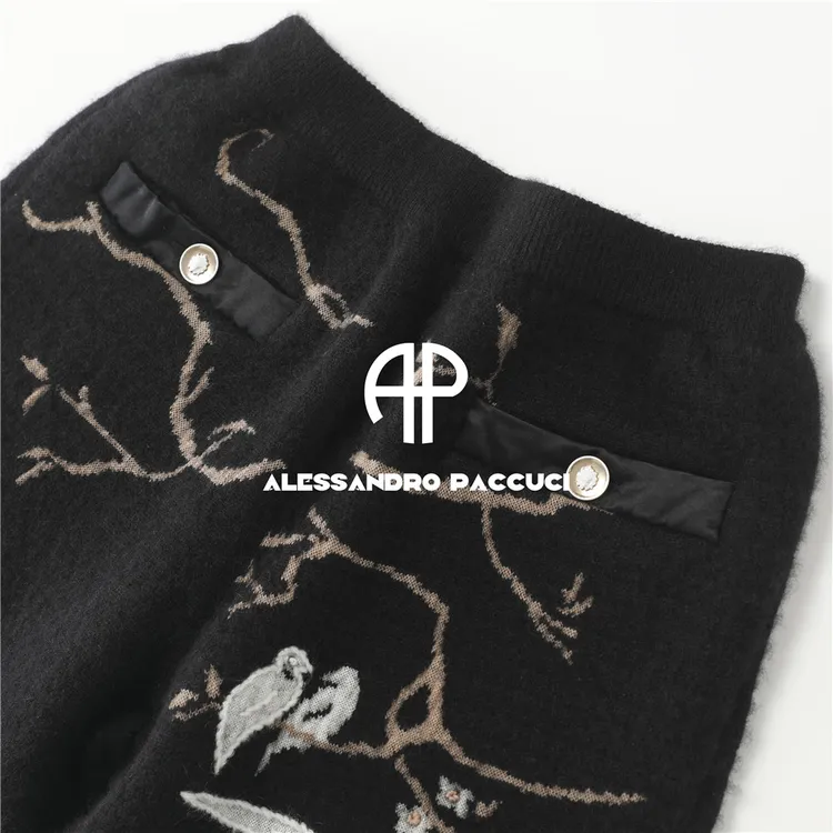AP洛哥54279SZ【登雀枝】山羊绒+桑蚕丝国风刺绣松紧腰九分裤子