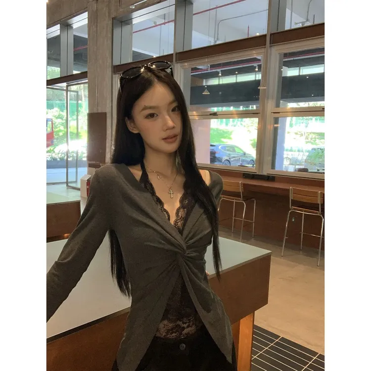 假两件蕾丝性感挂脖法式欧若智性风T恤Q 9280#