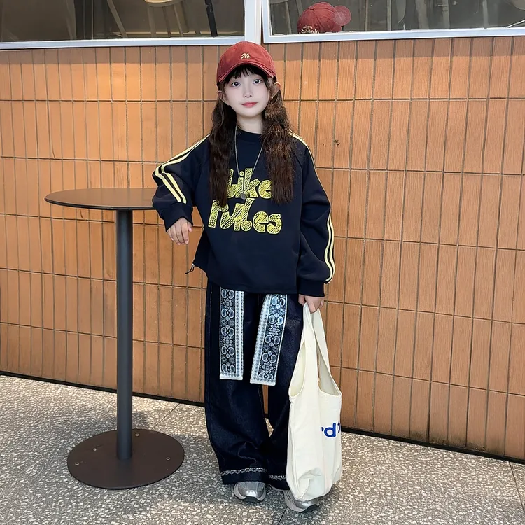 女童秋款套装2025新款洋气时髦插肩袖卫衣阔腿裤秋装女大童两件套