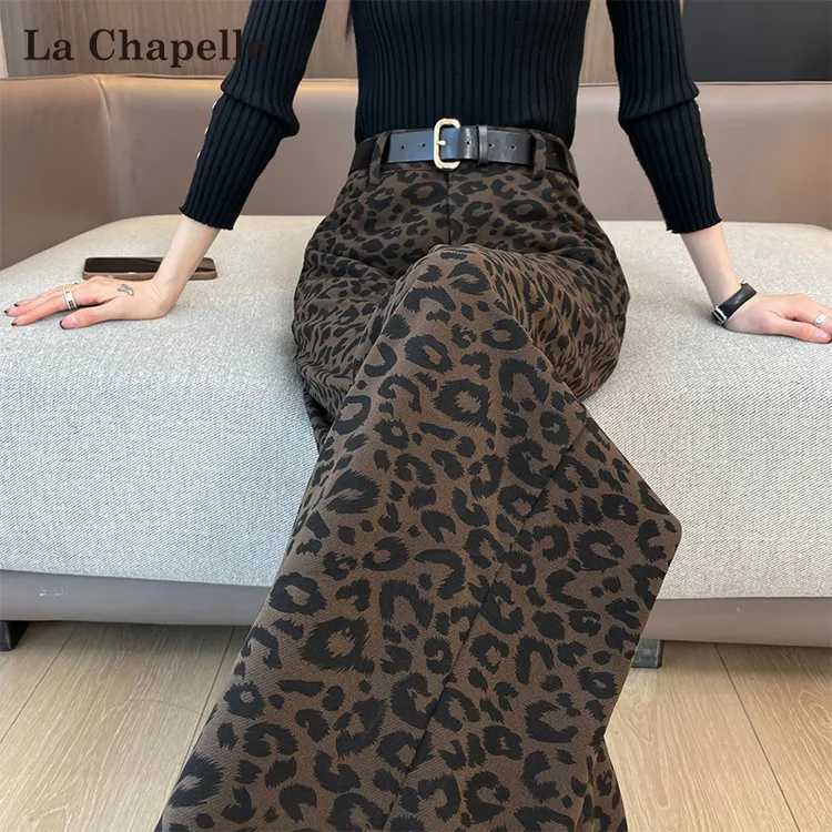 拉夏贝尔豹纹阔腿裤女秋冬2025新款高腰垂感休闲毛呢直筒裤子加绒
