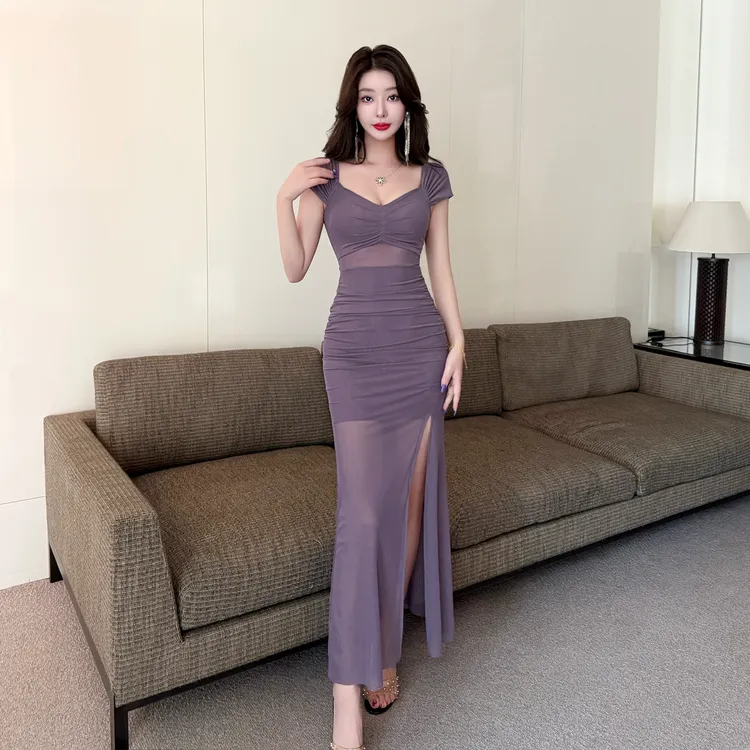 网纱低胸长款纯欲名媛气质开衩打底吊带连衣裙夜场店技师上班女装