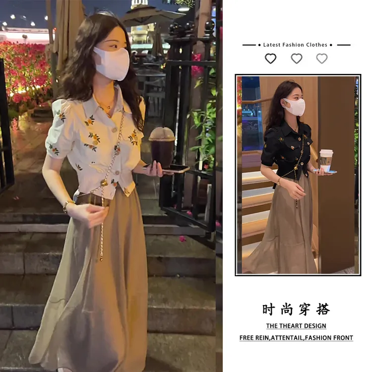 刺绣花朵衬衫半身裙两件套裙甜美减龄港味轻熟风夏季小个子套装女