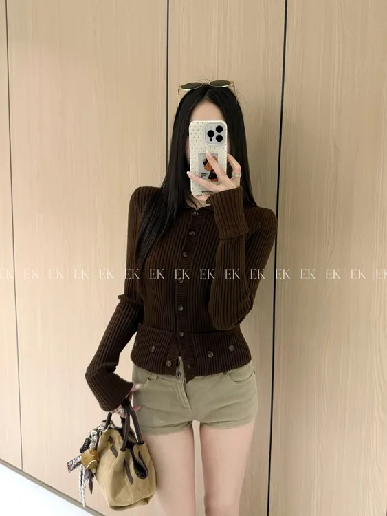 时髦洋气圆领长袖针织衫女秋冬新款小众气质单排扣上衣377