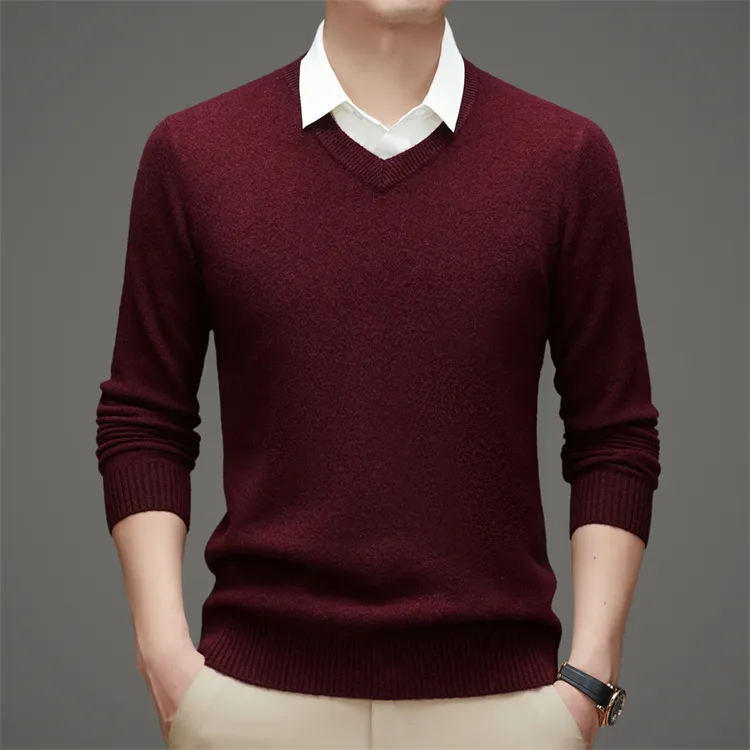 羊毛假两件针织衫秋冬季100%羊毛衫男高端纯色半高领加厚毛衣