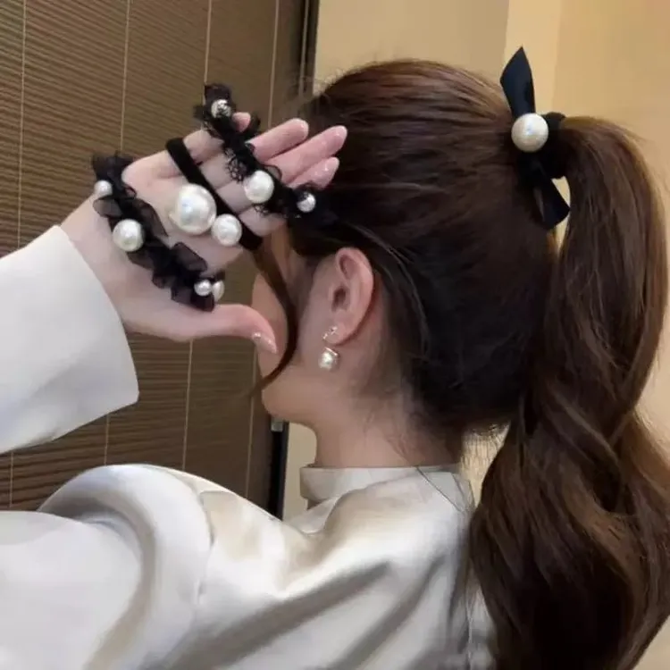 2025春夏新款珠珠圈黑色蕾丝花边韩版简约成人高弹扎马尾头绳发圈
