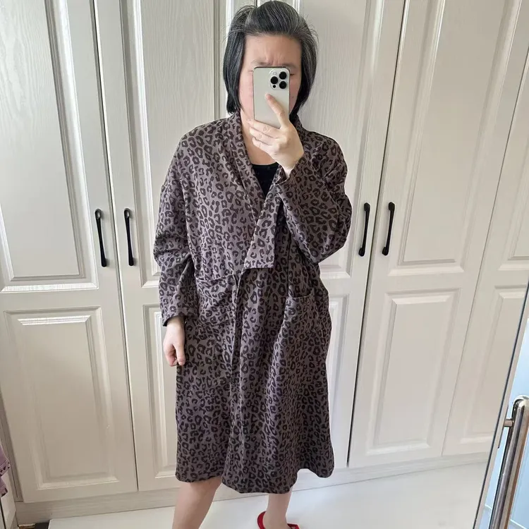 厚款长袖长款女秋冬豹纹睡袍晨袍外套家居服女士时尚