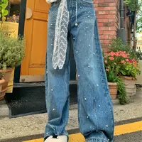 【陶格】设计感闪钻珍珠水洗休闲百搭浅色弯刀牛仔裤TG25C3K2387