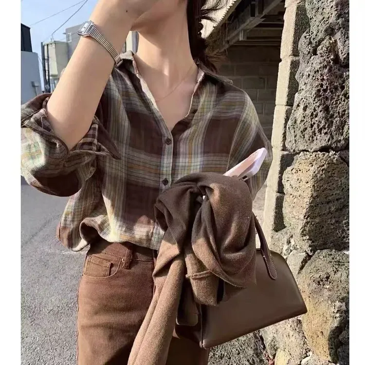 双层棉纱格子衬衫！2025早秋慵懒宽松显瘦防晒衬衣薄外套女