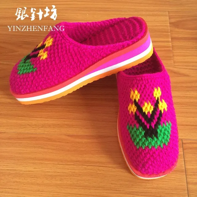 秋冬季女式男士手工编织高跟居家保暖防滑婚嫁钩的毛线拖鞋包头