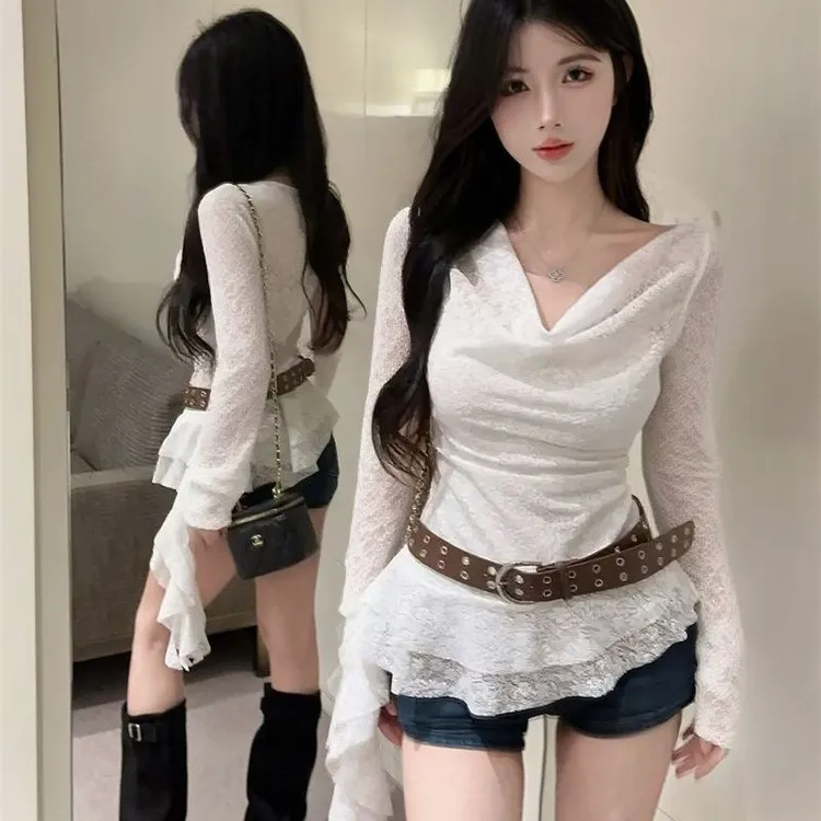 法式荡领长袖白色蕾丝衫女2025秋季新款不规则下摆配腰带掐腰上衣