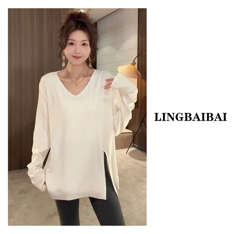 【开叉V领】高级质感大领口宽松显瘦双面绒垂感冬季打底长袖T恤女