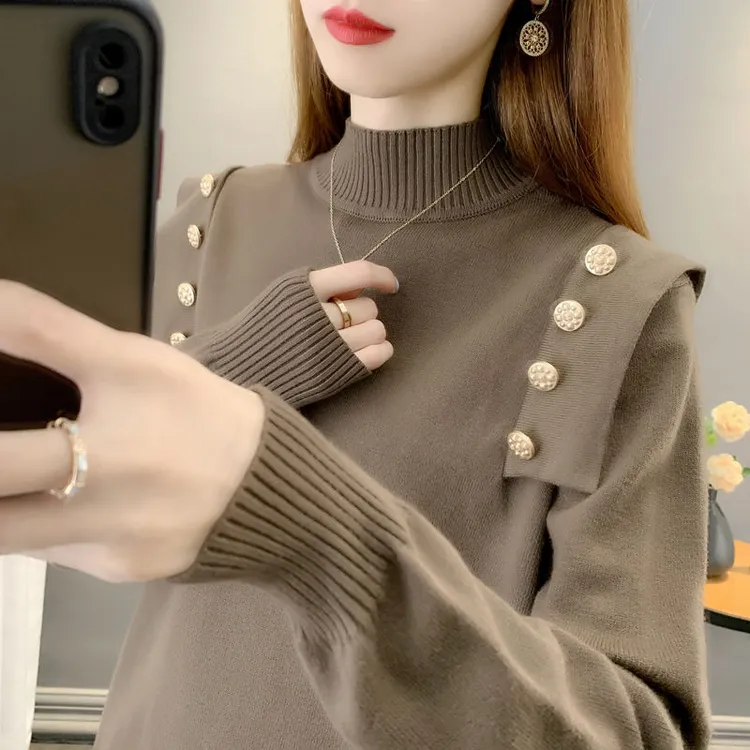 宽松显瘦时尚新款圆领纽扣针织衫毛衣女秋冬设计感洋气打底时尚女