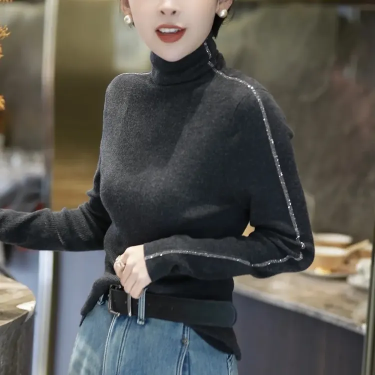 【高定品质】烫钻高领长袖打底衫女2025秋冬季修身显瘦百搭长袖T恤