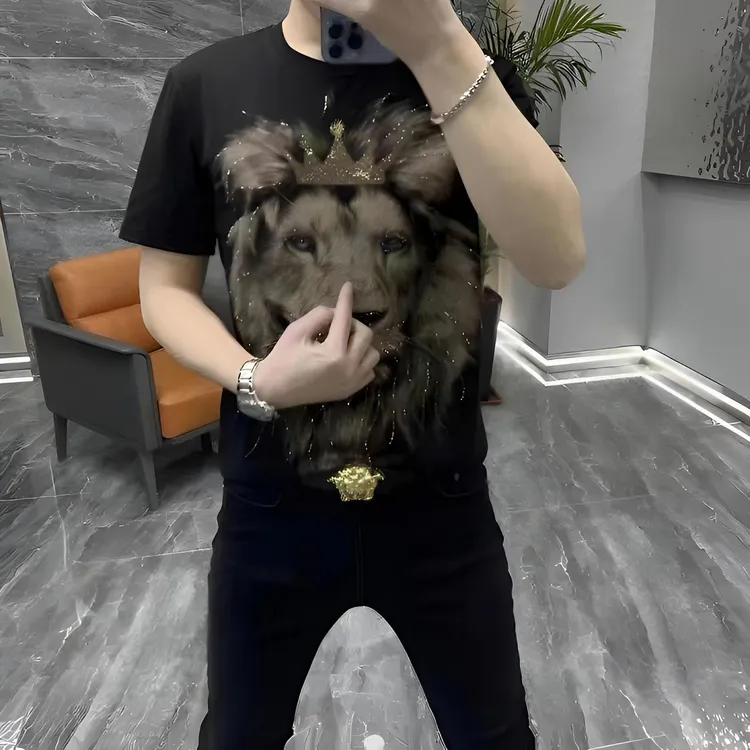 轻奢男士新款重工T恤欧货2025夏季网红时尚潮流打底百搭圆领短袖