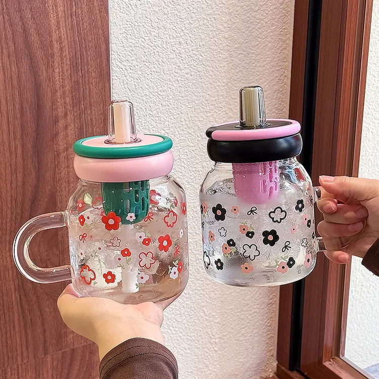 水杯女生高颜值小碎花玻璃杯茶水分离泡茶杯耐高温办公室吸管杯子