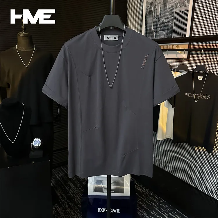 【HMEYAO】夏季原创字母立体刺绣拼接褶线设计冰感棉圆领短袖T恤男