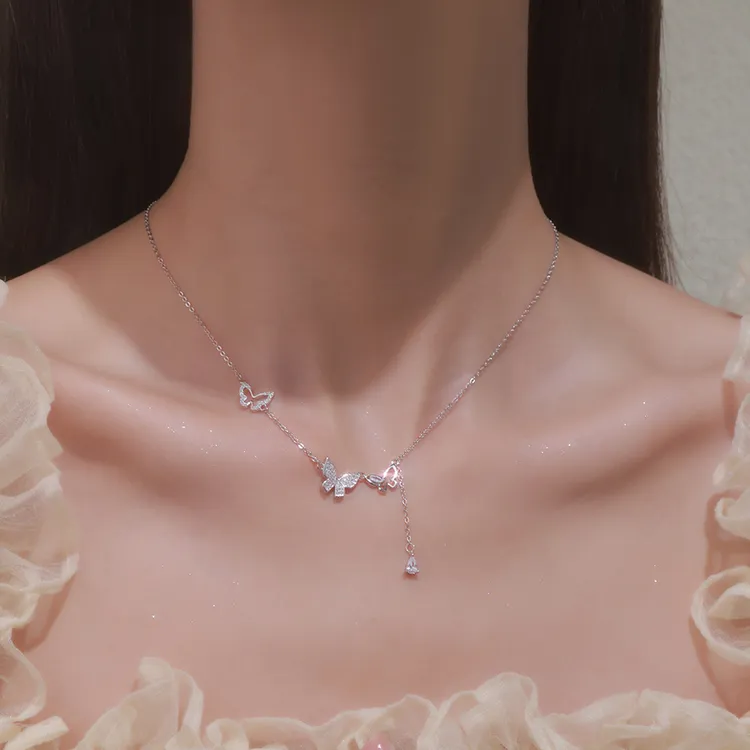 铜项链 水滴满钻三蝴蝶流苏项链女时尚轻奢小众设计感气质锁骨链