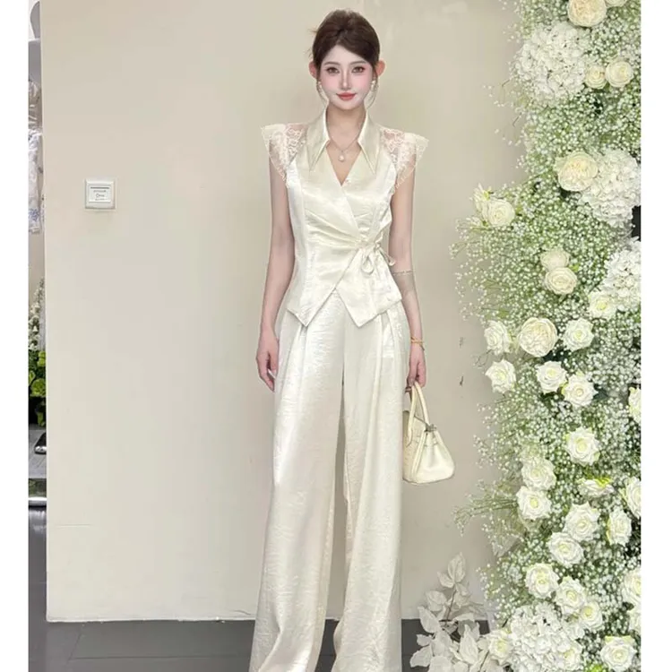 【两件套】法式夏季INS风气质阔腿修身裤女上衣时尚套装裤子D2376