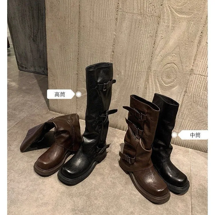 真皮版！美拉德中筒马丁靴女短靴褶皱堆堆裤管靴粗跟高筒骑士长靴