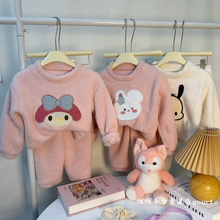 女童睡衣秋冬季半边绒儿童圆领加绒保暖珊瑚绒冬天加厚家居服套装