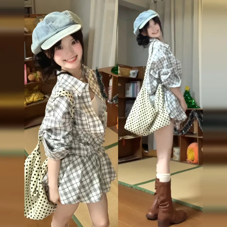 韩系高级感格纹衬衫连衣裙子女早秋季2025新款小个子花苞短裙套装