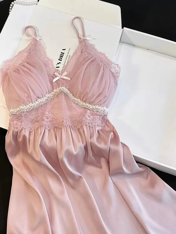 美背睡衣女夏季新款蕾丝拼接吊带睡裙带胸垫冰丝家居服纯欲性感风