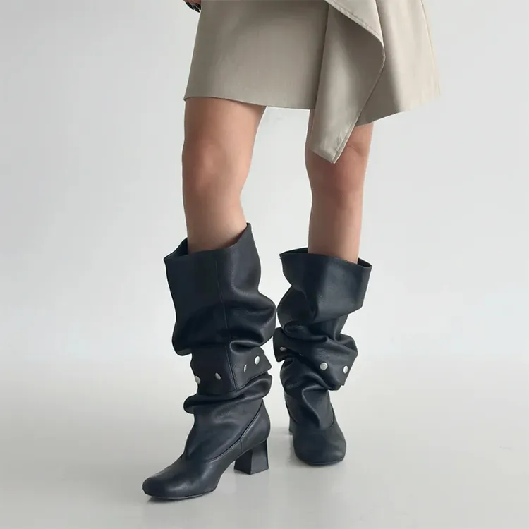 珋钉两穿可拆卸2025年夏季新款方圆头不过膝堆堆靴粗跟长靴骑士靴