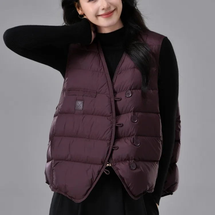 90%纯色薄款厚款经典短款无袖女V领冬款简约羽绒背心7701