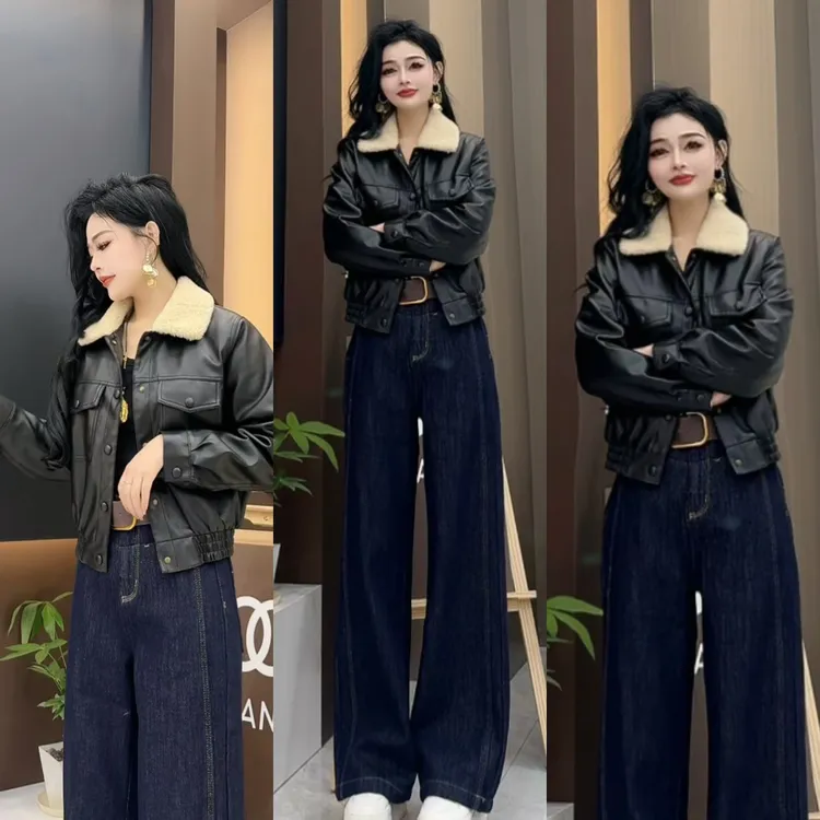 秋冬加绒加厚皮衣外套女显瘦气质上衣-Z202