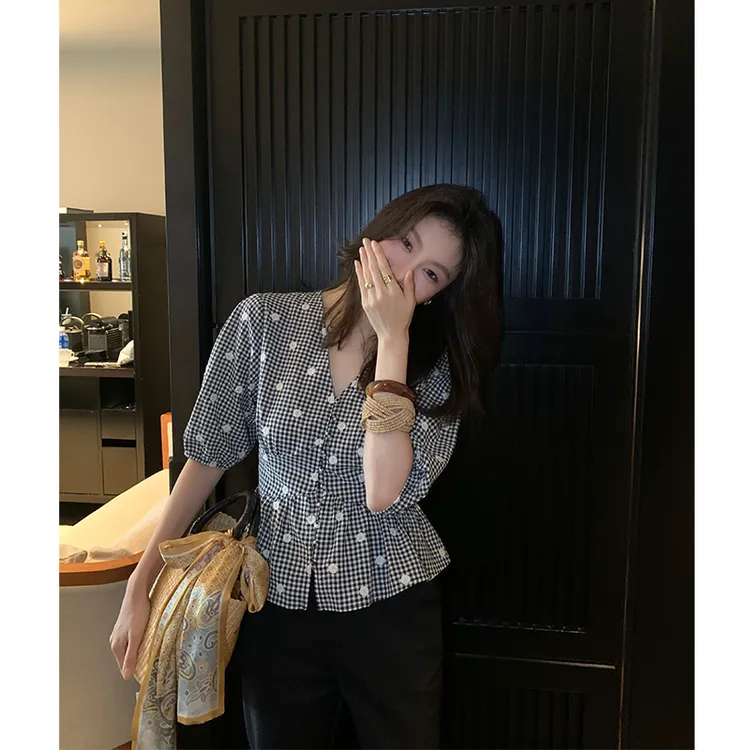 【ALONE SAVOR】龍喜儿 栀序 高级感格纹小花v领短袖衬衫小衫Z452
