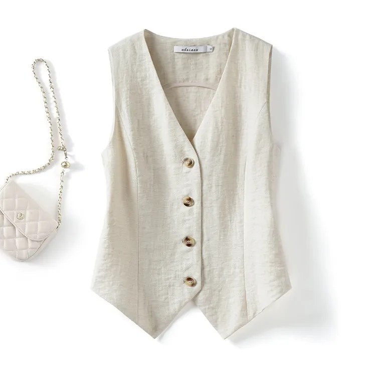 老钱风马甲夏季薄款女外搭坎肩2025新款修身短款无袖西装亚麻背心