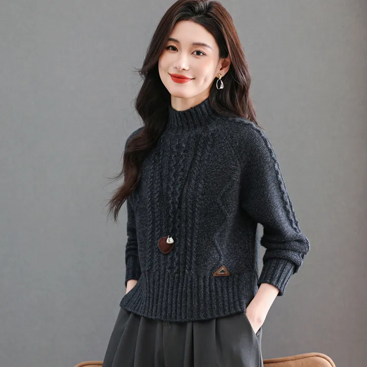 哥弟阿玛施正半高领羊毛衫女冬季麻花加厚毛衣短款开叉打底针织衫