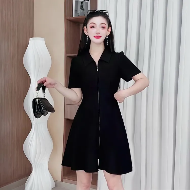 夏季小富婆法式连衣裙大码女装高端小黑裙显瘦收腰时尚减龄2903