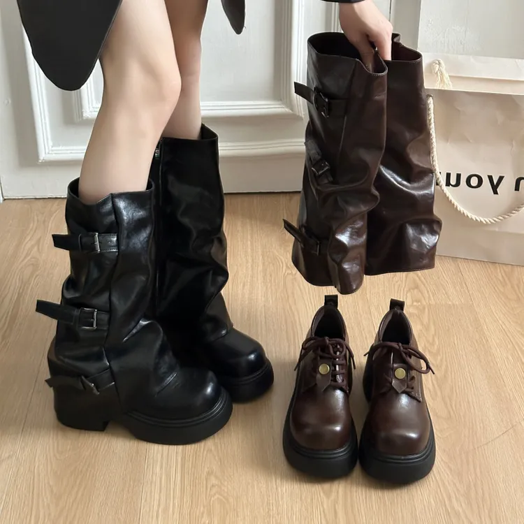 7cm可拆卸长筒靴厚底小皮靴短靴女单鞋马丁西部靴子