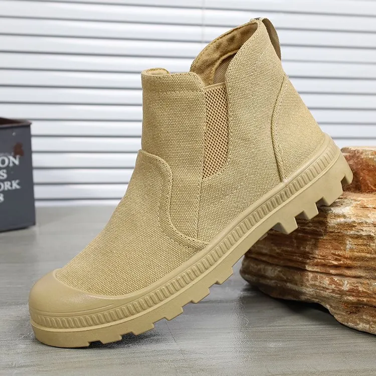 高帮帆布马丁靴男户外工装靴套筒靴一脚蹬干活鞋防穿刺耐磨透气靴