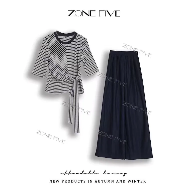 【zonefive】早秋新款不规则系带条纹T恤上衣+时尚休闲阔腿裤两件套