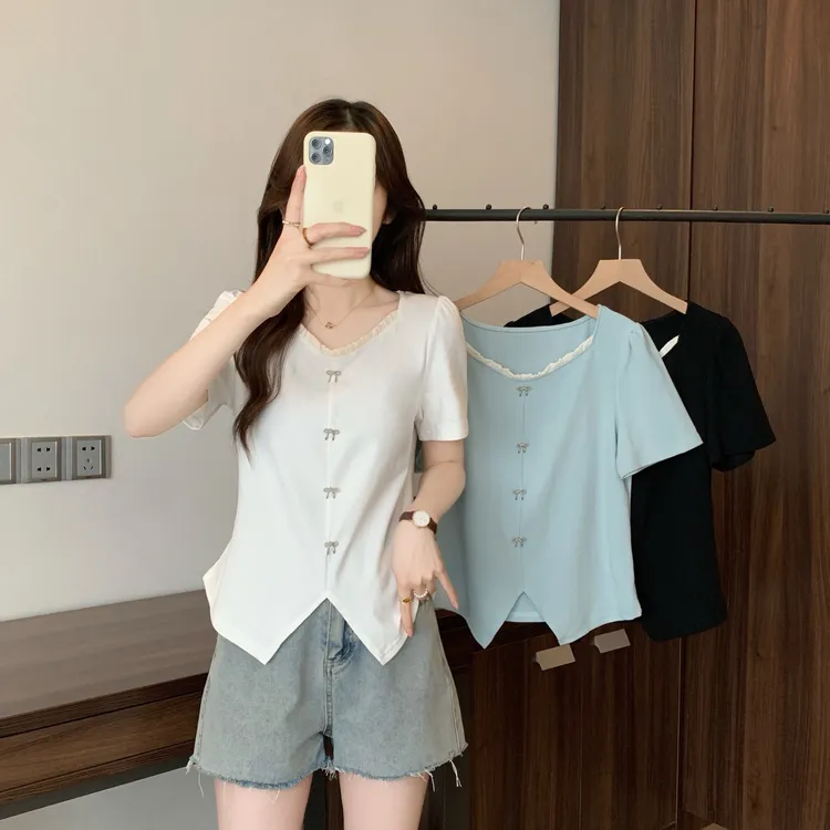 大码女2025夏装新款法式减龄时尚上衣胖mm小个子短袖t恤64373